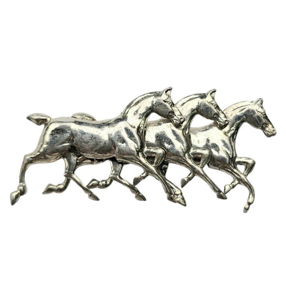 Sterling Silver Horses Brooch, Trio Stallions Pin - Picture 2 of 8